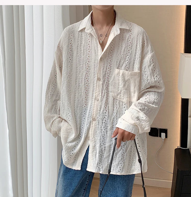 Shirts for Men Hollow Out Lapel Men Blouse Vacation Sexy Handsome Fashion Men Clothing Mesh Long-sleeved Shirts Black/Apricot