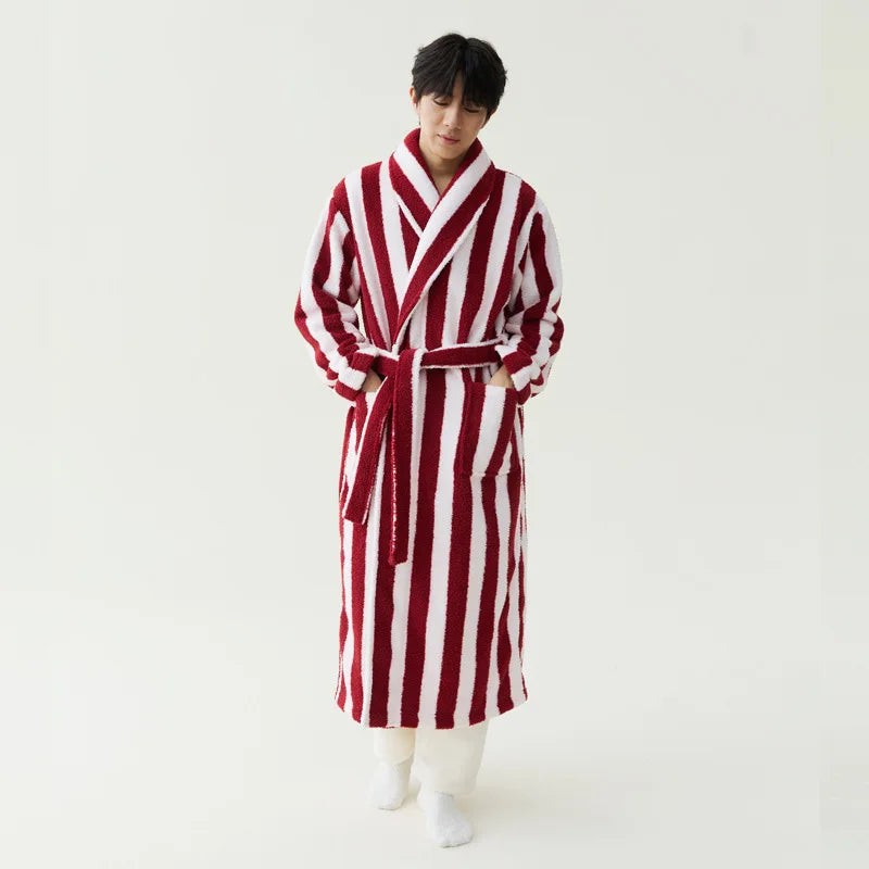 2025 New Autumn/Winter Women's Sleepwear Thick Velvet Warm Robe Couple Coral Velvet Striped Lengthed Home Clothes Bathrobe