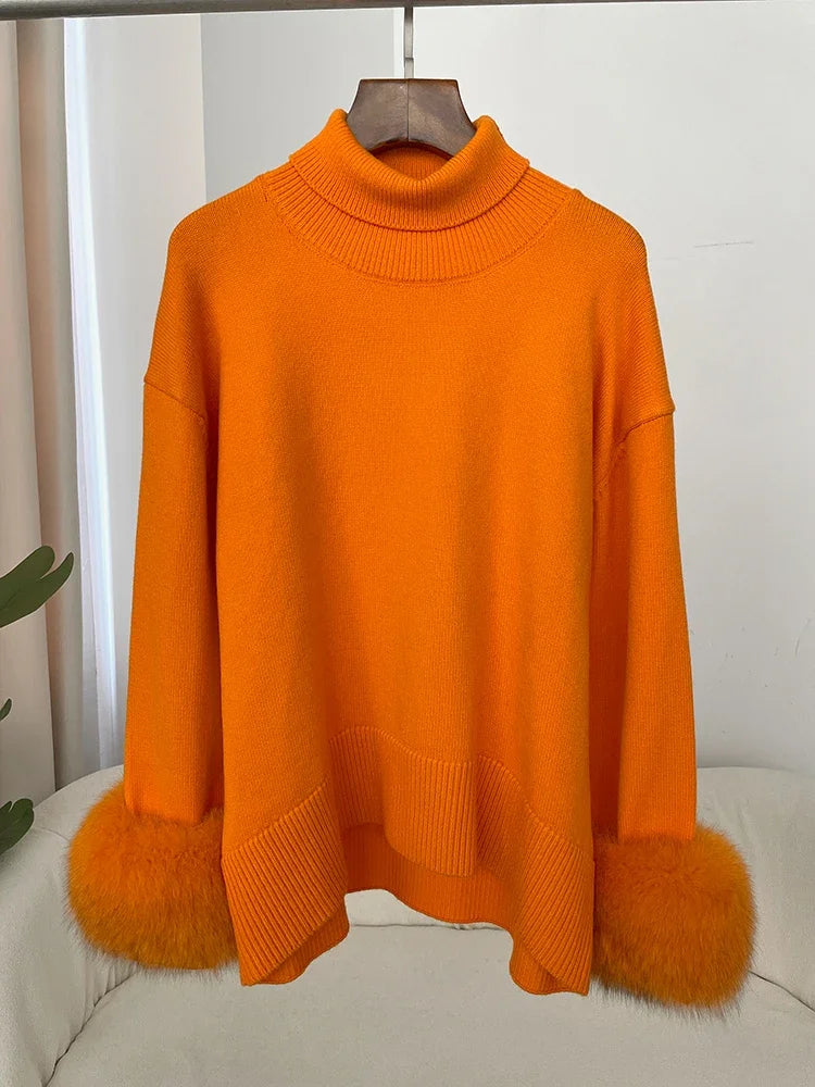 Sweater Women 2024 Autumn Winter Fashionable Sweaters with Real Fox Fur Sleeves Slim Fit Sweaters Fur Knitwear England Style
