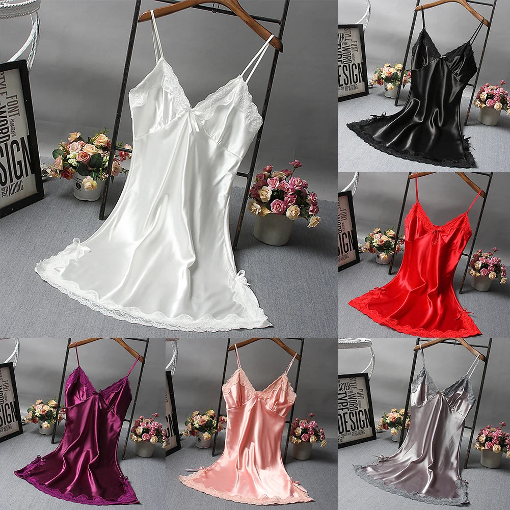 Ladies Sexy Silk Satin Night Dress Nightgown Sleeveless Lace Lingerie Sleepwear Ladies Wrap Dress Robe Sleepwear