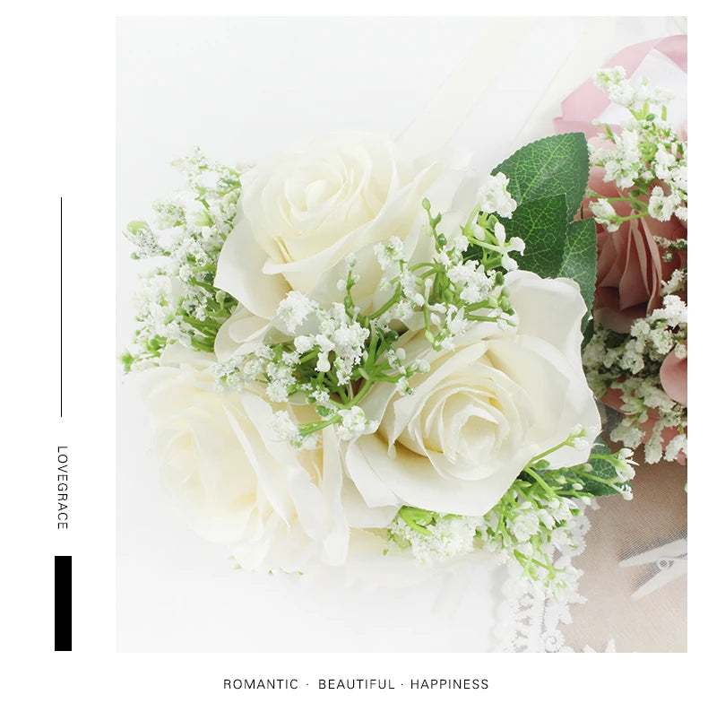Bridal Bridesmaids Bouquets with Bowknot Ivory Roses Silk Flowers Bouquet for Valentine's Day Marriage Wedding Bride Photography
