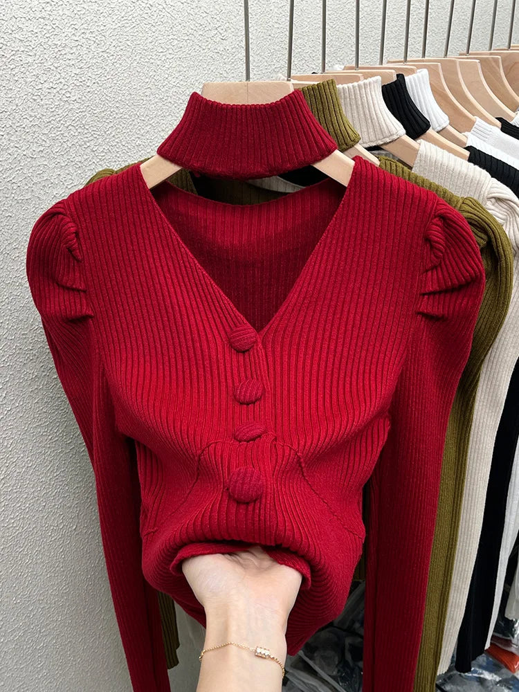 Red Sweater Knitted Sweater Women's Inner Layering Shirt with Unique Unique V-neck Halter Top Design for Autumn and Winter
