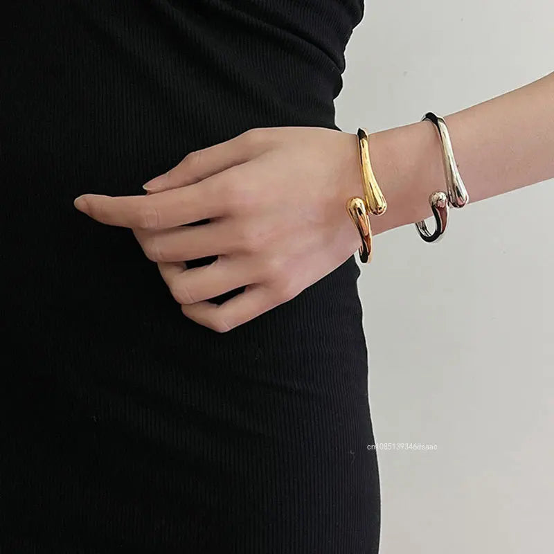 Wide Metal Bangle Ring for Women Gold and Silver Color Chunky Waterdrop Open Wrist Cuff Thick Irregular Twisted Bracelet Jewelry