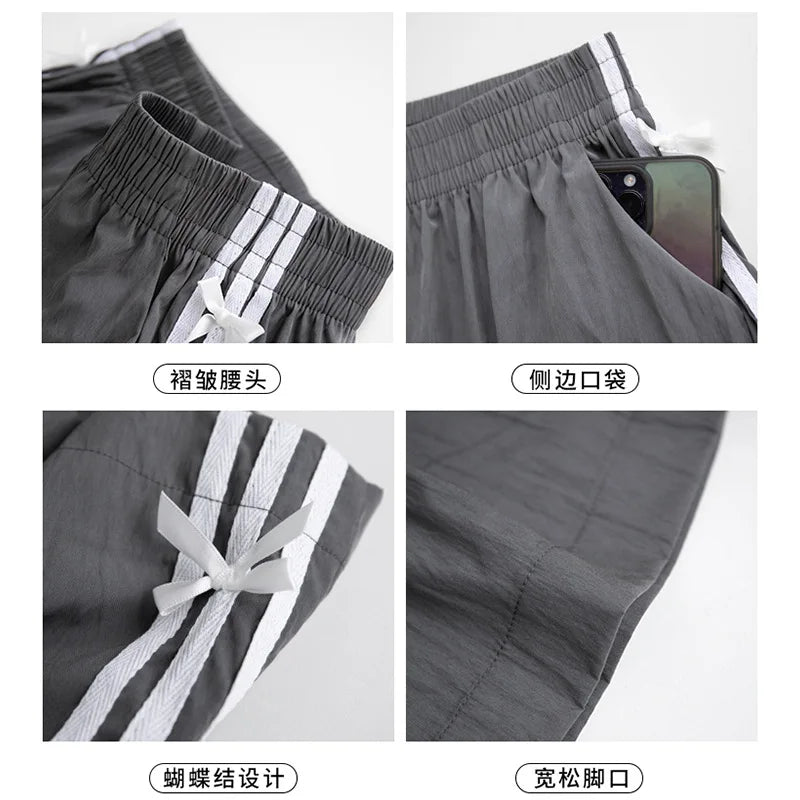 Summer Oversized Shorts Women Striped Bow Fashionable Large Wide Leg Casual Shorts Thin Quick Drying High Waist Straight Shorts