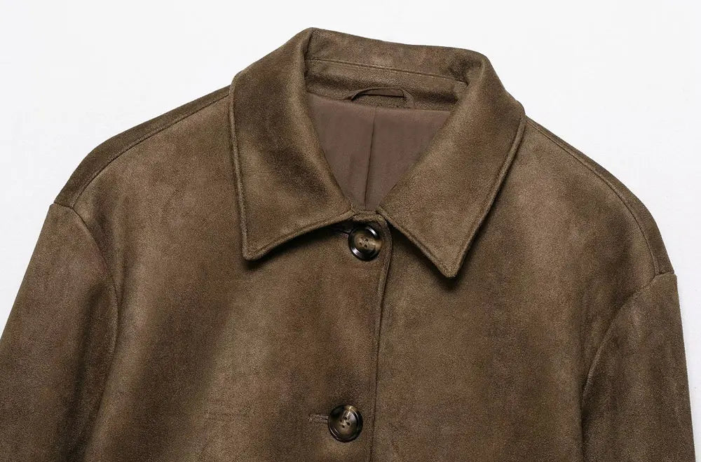 Women Fashion Faux Suede Jacket Coat Long Sleeve Button-up Female Outerwear Chic Tops