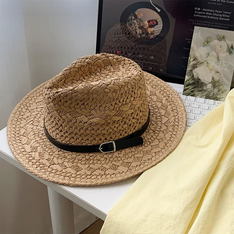 Straw Western Cowboy Hat for Women Men Classic Vintage Hollow Out Unisex Curled Wide Brim Sun Hat Fishing Hat Climbing Cap