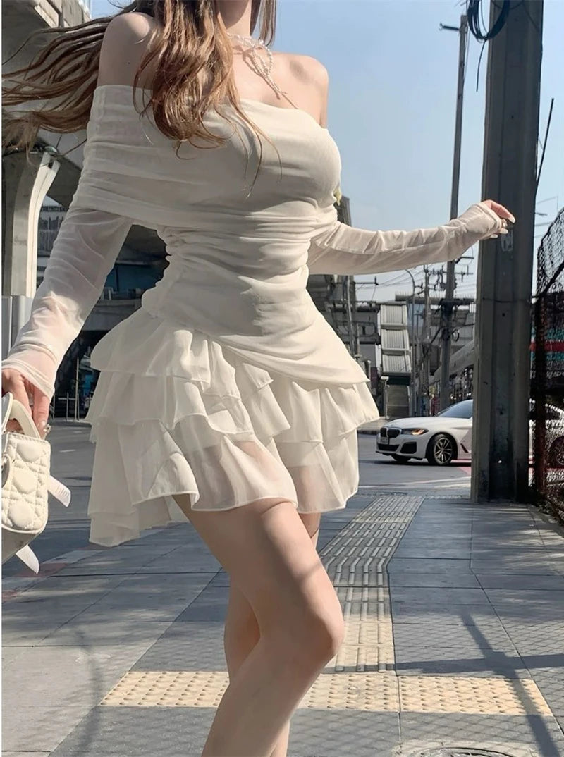 Skirts Sets Women Summer Slim Solid Irregular Skew Collar Ladies Long Sleeve T Shirt Fashion Chic Sweet Ruffles Ball Gown New