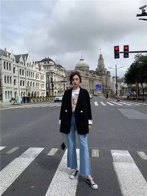 Long Blazers Woman Spring Casual Office Lady Lapel Double-breasted Slim-fit Elegant Solid Color Fashion Outerwear Minimalist