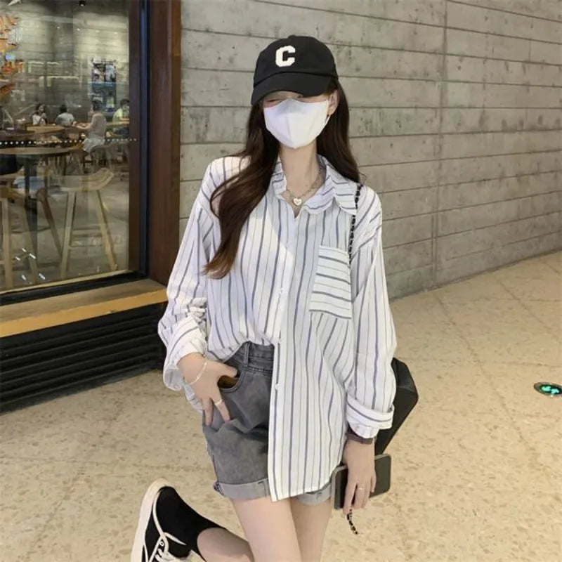 Striped Shirts & Blouses For Women Elegant Chic High Quality Clothing Trend 2025 Pretty Promotion Youth Cool Button Up Woman Top