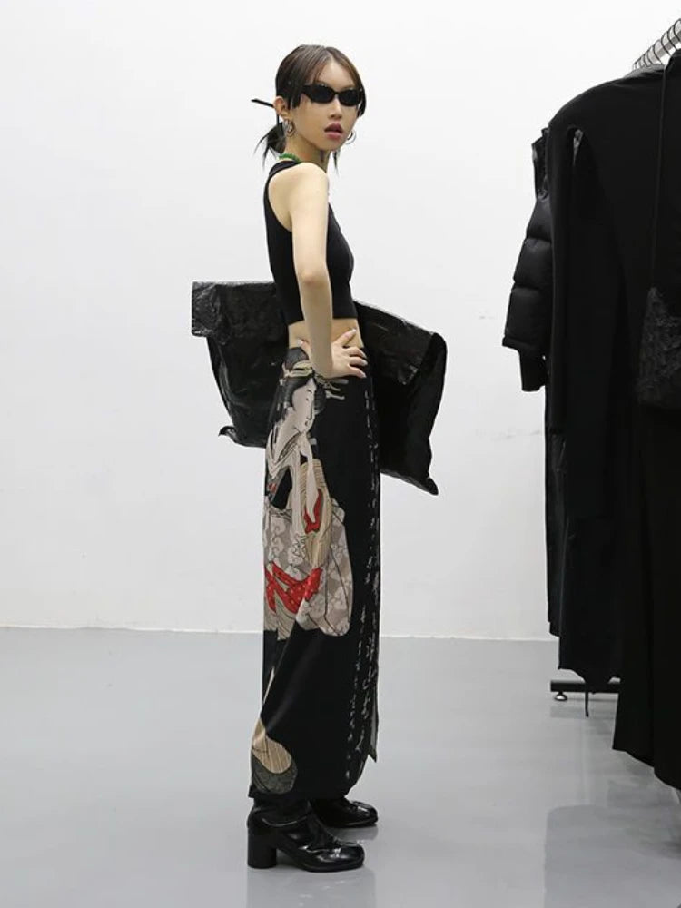 Skirts Women Cool Design Side-Slit Retro Leisure Simple Chinese Style Print All-match Comfortable High Waist Fashion Streetwear