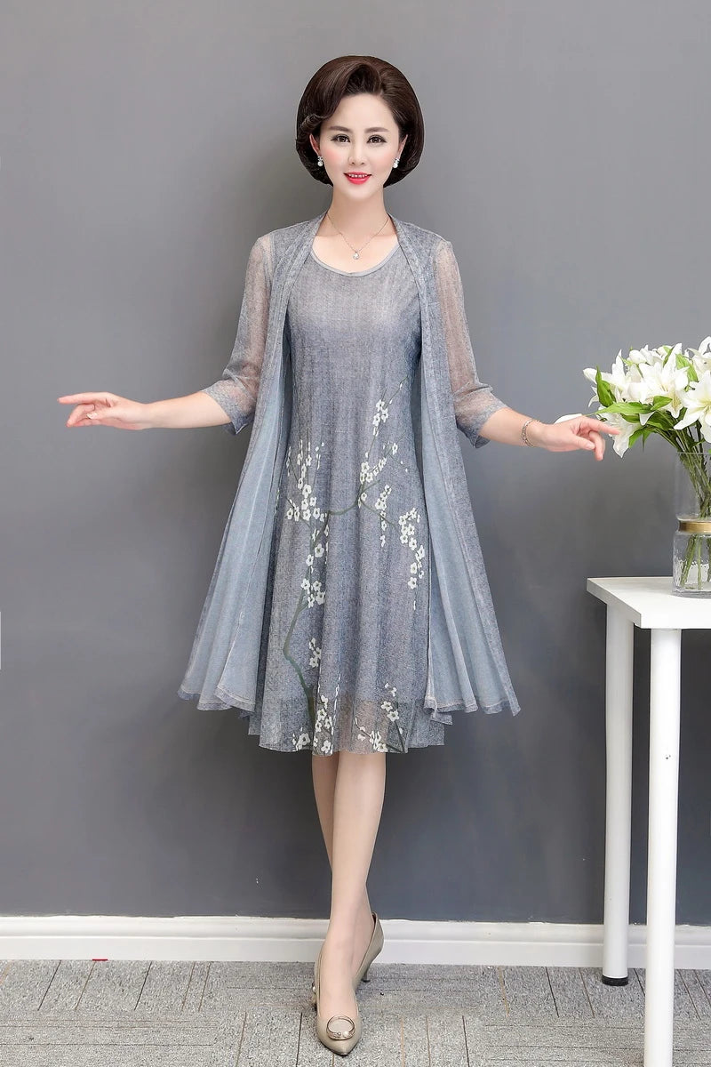 Elegant Dresses Women NEW Summer Casual Retro Temperament printing two Piece Set Dress Mother Dress plus Size