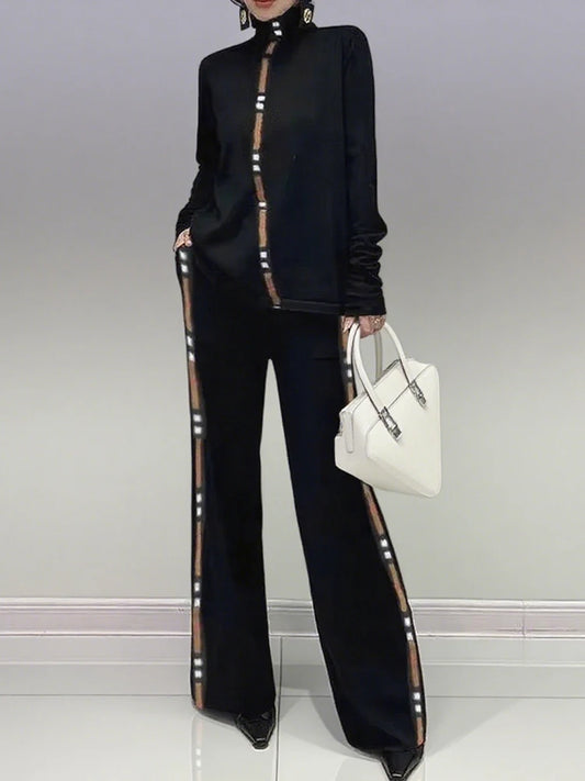 2025 Trousers Sets Women's Two Pieces Set New Spring Elegant Contrast Color High Neck Long Sleeves Wide Leg Pants Suit