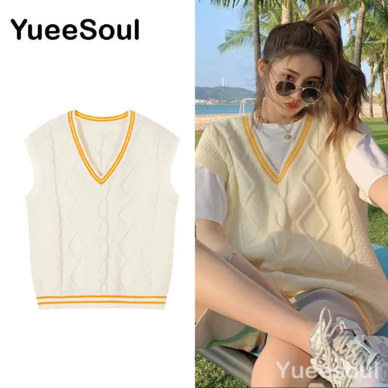 Sweet Kawaii Sweater Vest Printed Sleeveless Casual Outerwear Knitted Waistcoat 2023 Vintage Y2K Spring  E Girl Pullovers Tops