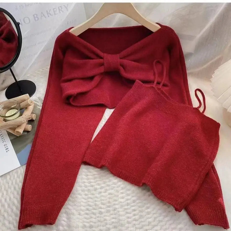 Sweater Suit for Women Two-piece 2025 Autumn New Suspender Vest Bow Long Sleeve Short Top