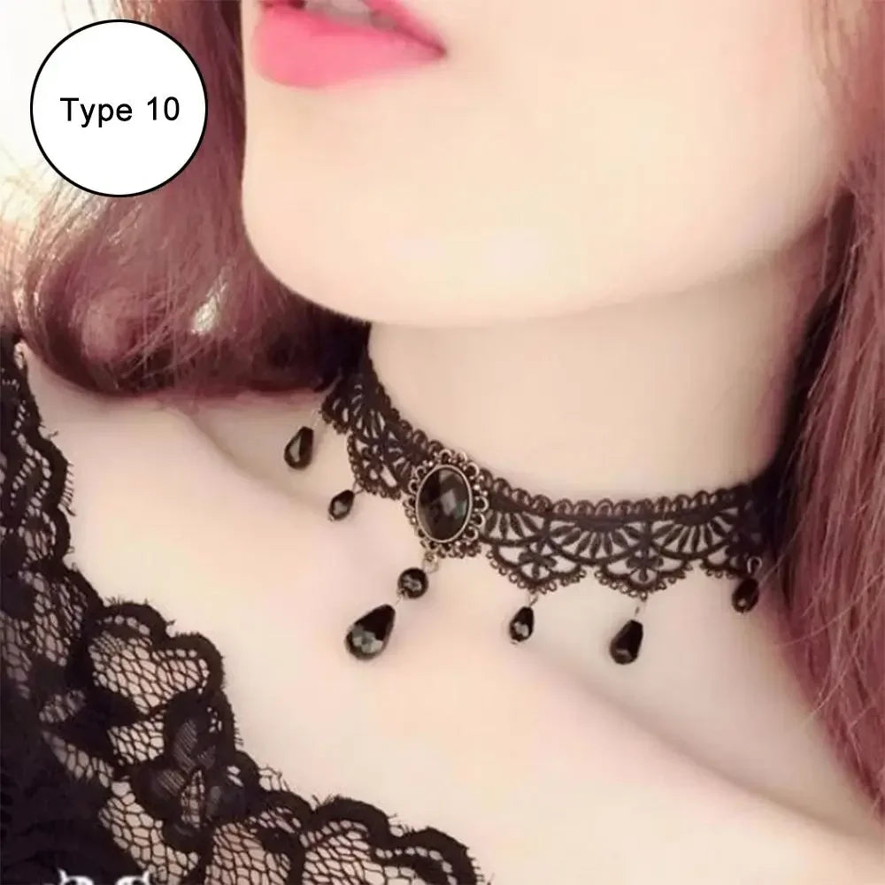 Sexy Black Lace Necklace Vintage Gothic Necklace Steampunk Style Beads Pendant Exquisite Women Choker Fashion Jewelry