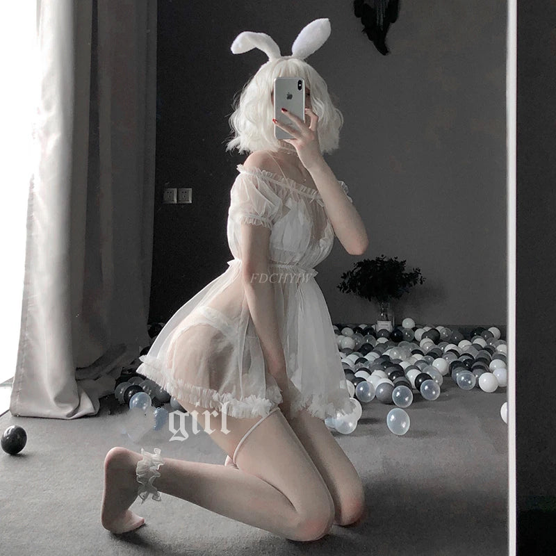 Sexy Lingerie White Night Dress Perspective Out Lace Sleepwear Female Temptation Women's Nightgown Nightwear Sleeping Dress
