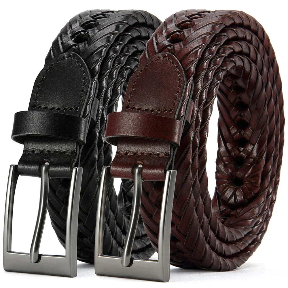 Men Belts Genuine Leather LONG Large Pin Buckle Metal Automatic Buckle High Quality Braided Vintage Casual for Jeans Women Strap