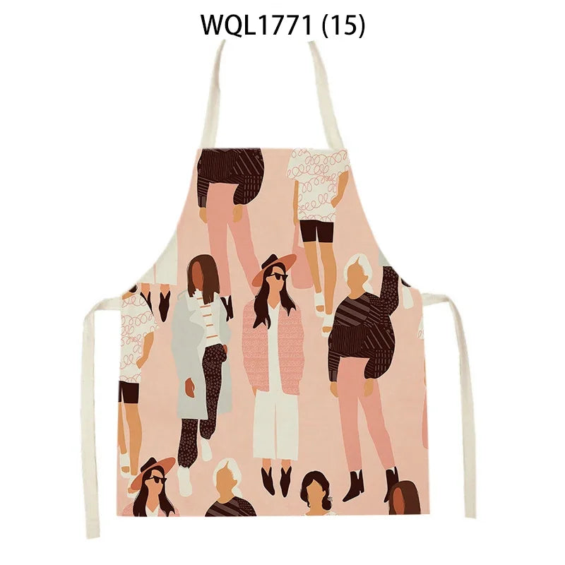 Kitchen Apron Modern Girl Plants Pattern Linen Aprons for Women Men Household Cleaning Apron Cooking Baking Accessories