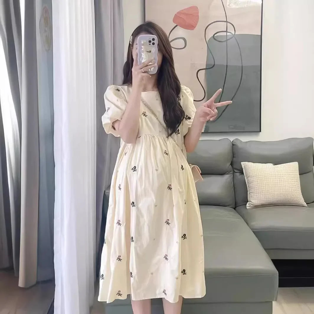 Maternity Chiffon Floral Dress Summer Sweet Ruffled Collar Fashion Printing Pregnant Women Dress Elegant Clothes