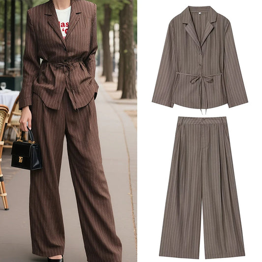 Women's Suit 2025 New Fashion Autumn Striped Shoulder Pads Belt Blazer and Pleated Pants Suit for Women Casual Chic Ladies Set