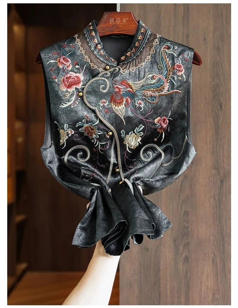 New Outerwear Women's Jackets National Wind Chinese Style Stand Collar Heavy Industry Embroidery Vest new Buckle vest retro top