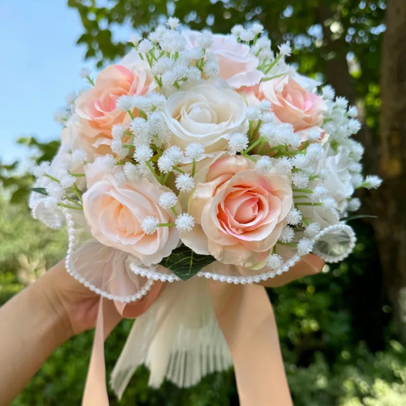 Wedding Bouquets for Bride Babysbreath Rose Bridesmaid Bouquets Silk Ribbon Valentine's Day Decoration Pearl Lace Mesh Ball Gift