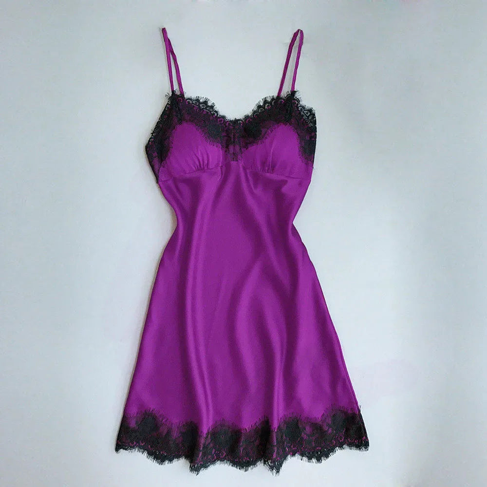 Ladies Sexy Silk Satin Night Dress Sleeveless Nighties V-neck Nightgown Nightdress Lace Sleepwear Nightwear for Women S-3XL