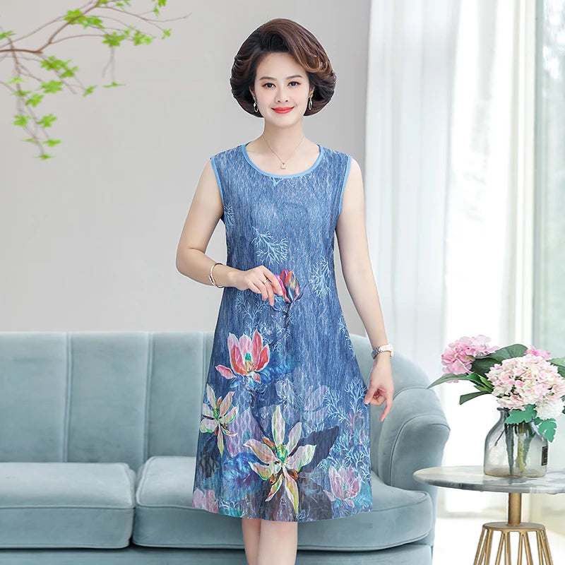 Elegant Dresses Women NEW Summer Casual Retro Temperament printing two Piece Set Dress Mother Dress plus Size