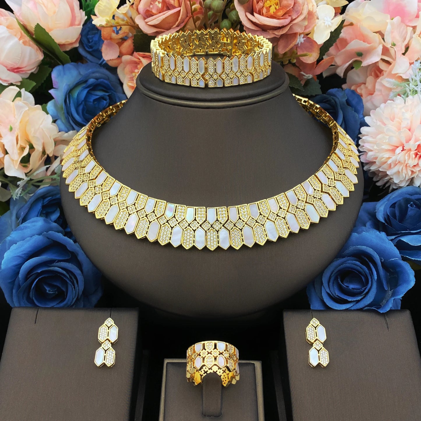 HOT  Jewelry Sets For Woman Wedding Parties Jewellery Necklace Earrings Rings Bracelets For Gift Plating18k With CZ White shell