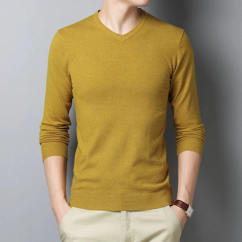 Sweater men's solid color sweater V-neck sweater thin design spring and autumn winter knitted base sweater