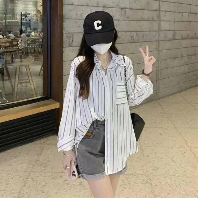 Striped Shirts & Blouses For Women Elegant Chic High Quality Clothing Trend 2025 Pretty Promotion Youth Cool Button Up Woman Top