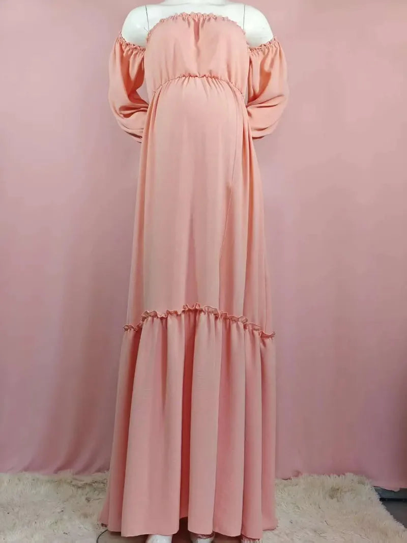 Maternity Photoshoot Dress - Sexy Off-Shoulder Gown Playful Puff Sleeves & Leg-Baring Slit Clothes for Pregnant Women Photograph