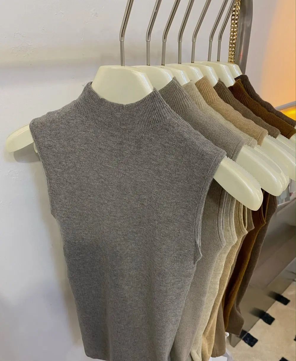 Sweater Vests Women Simple Half High Collar Fashion Autumn Basic Slim Sleeveless Sweaters All-match Ulzzang Leisure Knitting Ins