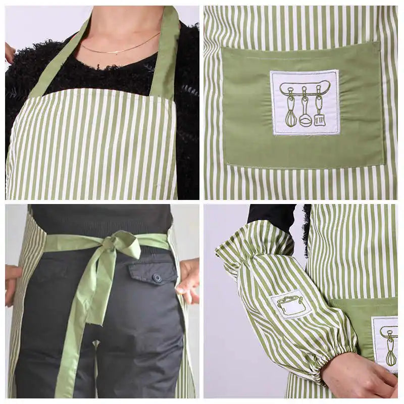 Fashionable Striped Apron For Home Kitchen Cooking Long Sleeved Women's Cute Anti Stain Work Dining Work Clothes Smock