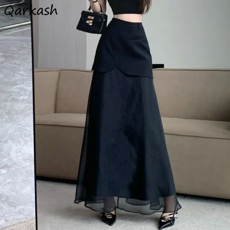 Fashion Skirts for Women All-match Black Cool Girls Summer High Waist Casual Ankle-length Loose A-line Patchwork New Fake 2 Pcs