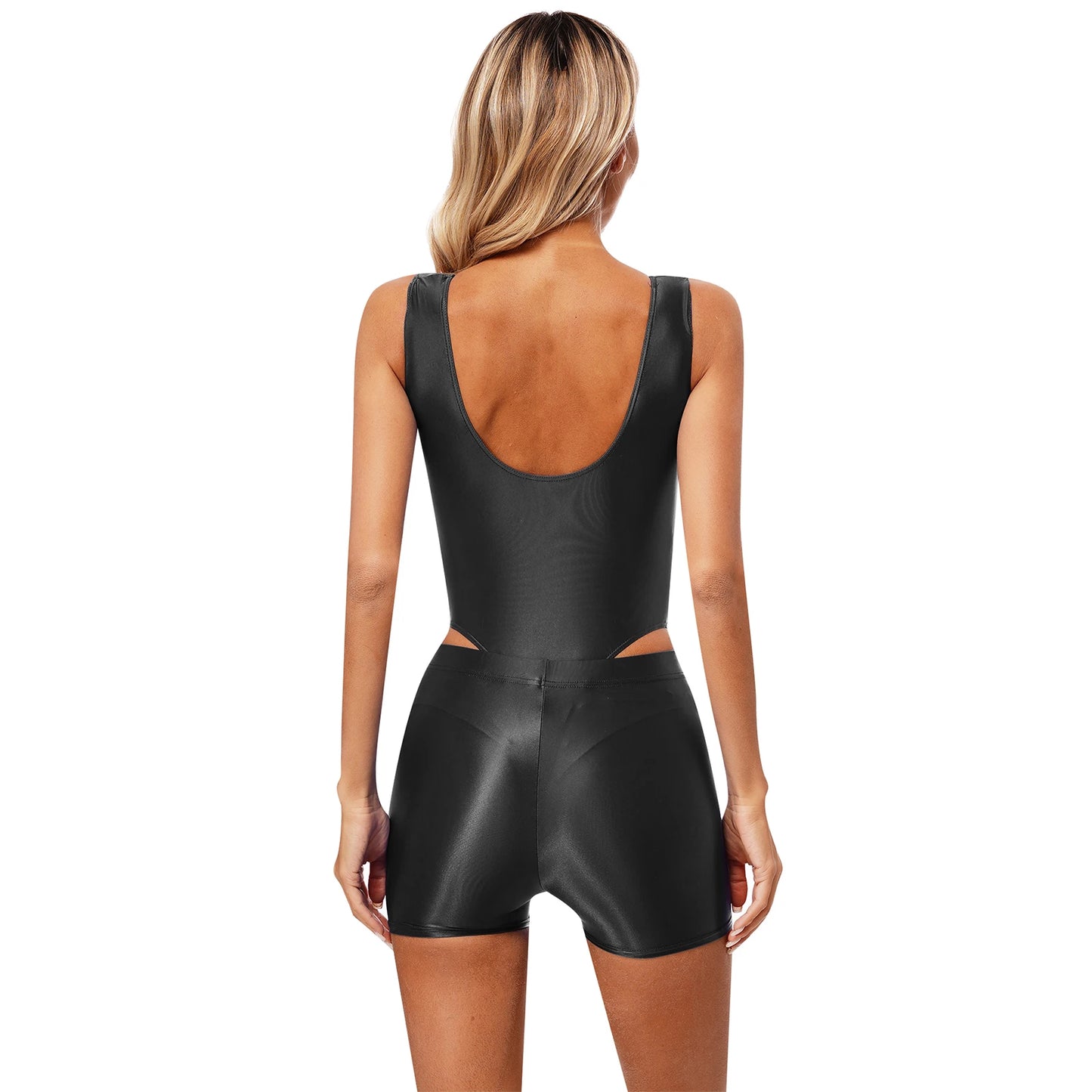 Womens Glossy Swimsuit High Cut Backless Sleeveless Bodysuit with Elastic Waistband Shorts for Gym Yoga Sports Fitness Swimming