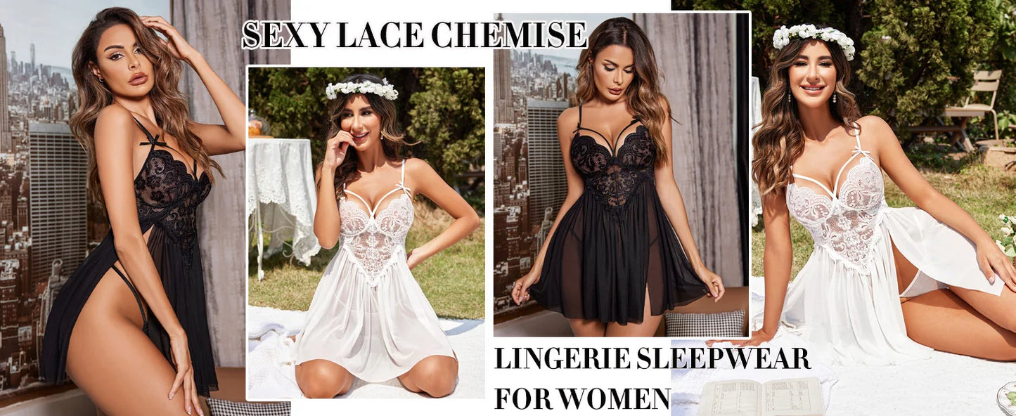 New Sexy Nightgown White Lace Babydoll Set Women's Romantic Sheer Floral Lingerie Flowy Skirt Chemise Mini Dress Hot Sale Nighty