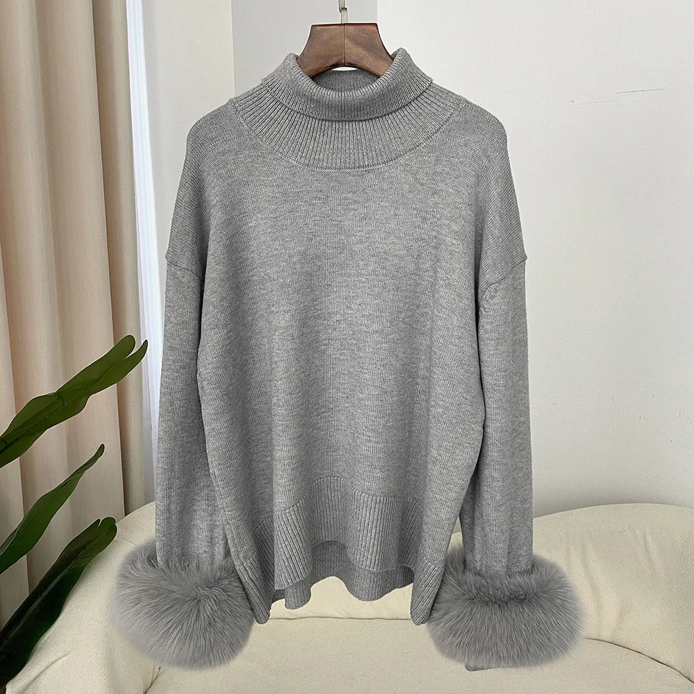 Sweater Women 2024 Autumn Winter Fashionable Sweaters with Real Fox Fur Sleeves Slim Fit Sweaters Fur Knitwear England Style