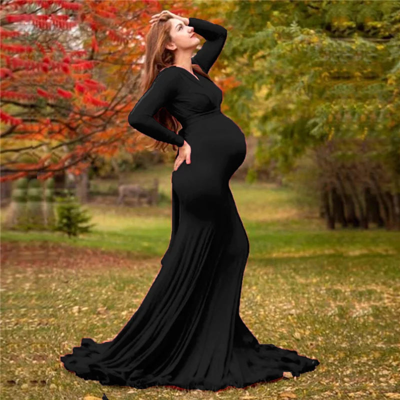 2024 Elegant Maternity Dresses For Photo Shoot Pregnant Women Dress Long Sleeve V-Neck Pregnancy Photography Shower Dress