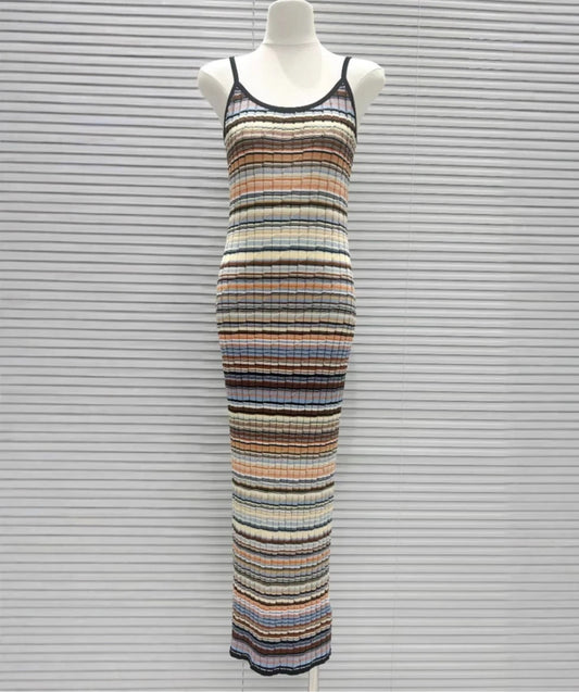 Women's elegant two piece suit striped knitted slim fit top or striped evening dress party midi robe