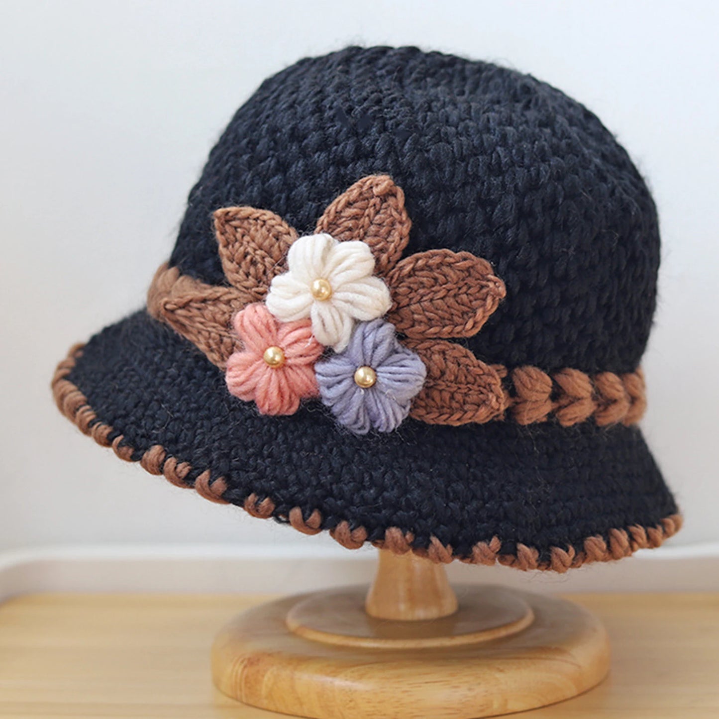Knitted Hat Women's Autumn And Winter Wool Hat Classic Winter Women's Hat Flower Fleece-lined Bucket Hat Mother Warm Winter Hat