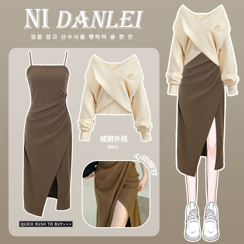 Women Dress 2 Piece Sets Strap Vintage Dresses Long Sleeve Tops Female Outfits New Spring Fall