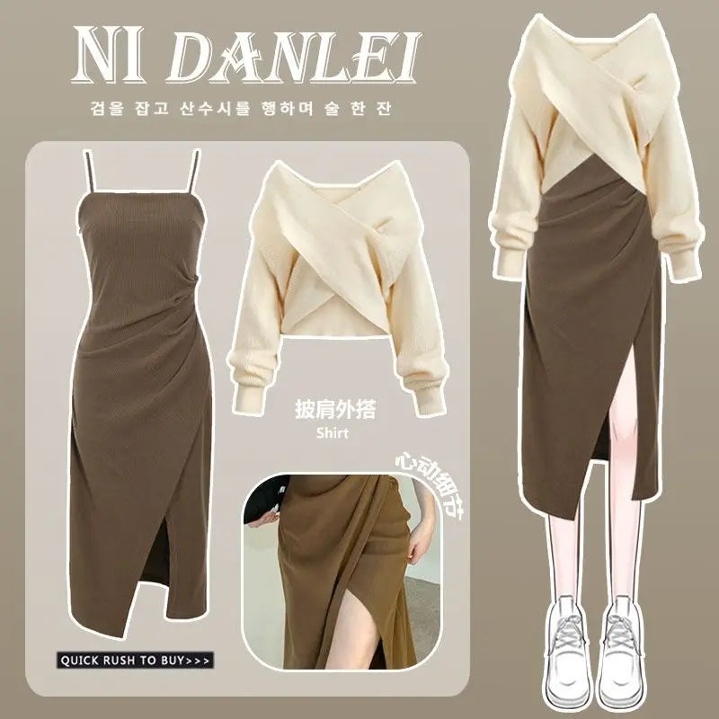 Women Dress 2 Piece Sets Strap Vintage Dresses Long Sleeve Tops Female Outfits New Spring Fall