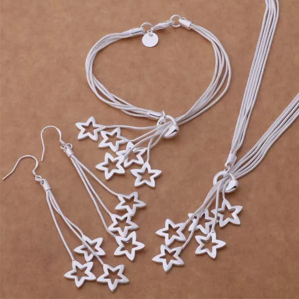 Fine jewelry set 925 sterling silver classic for women lady wedding star Bracelet necklace earring chain   hot gift