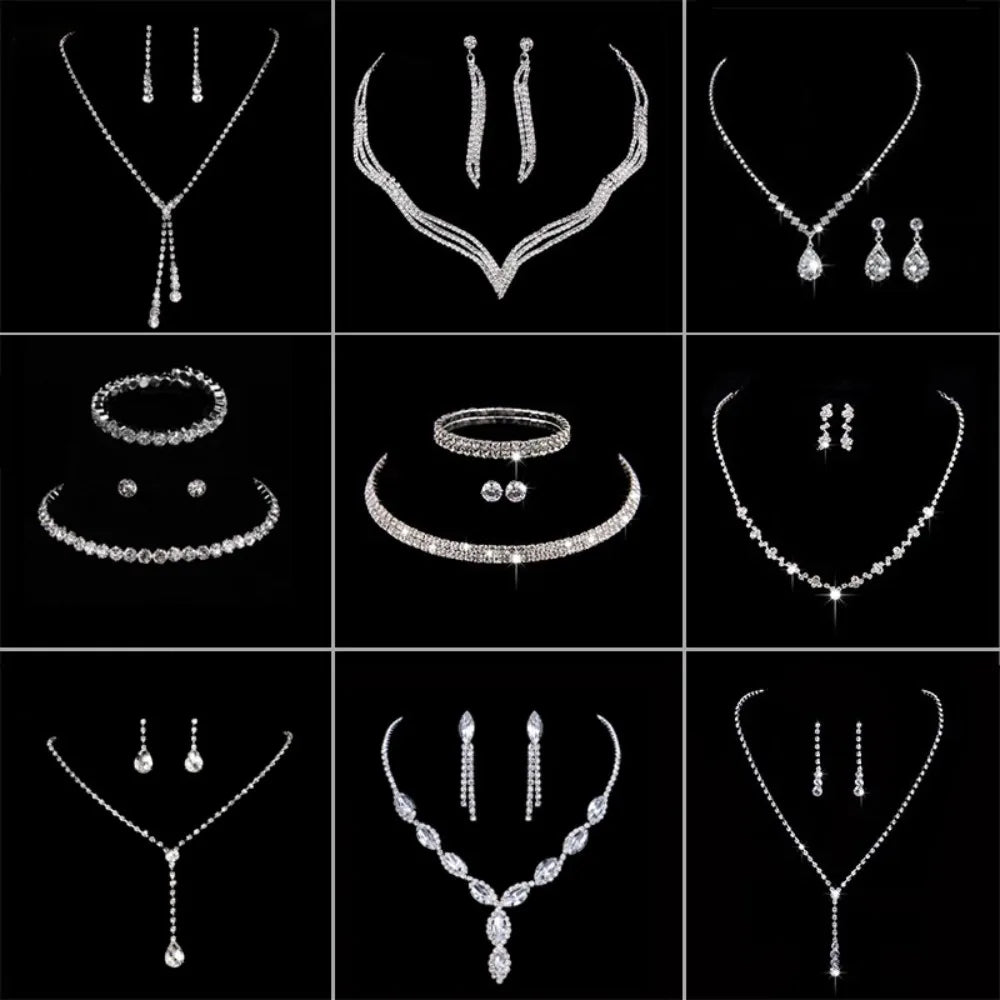 Wedding Dress Crystal Jewelry Set Shiny Banquet Ladies Rhinestone Necklace Earrings Bride Jewelry Gifts