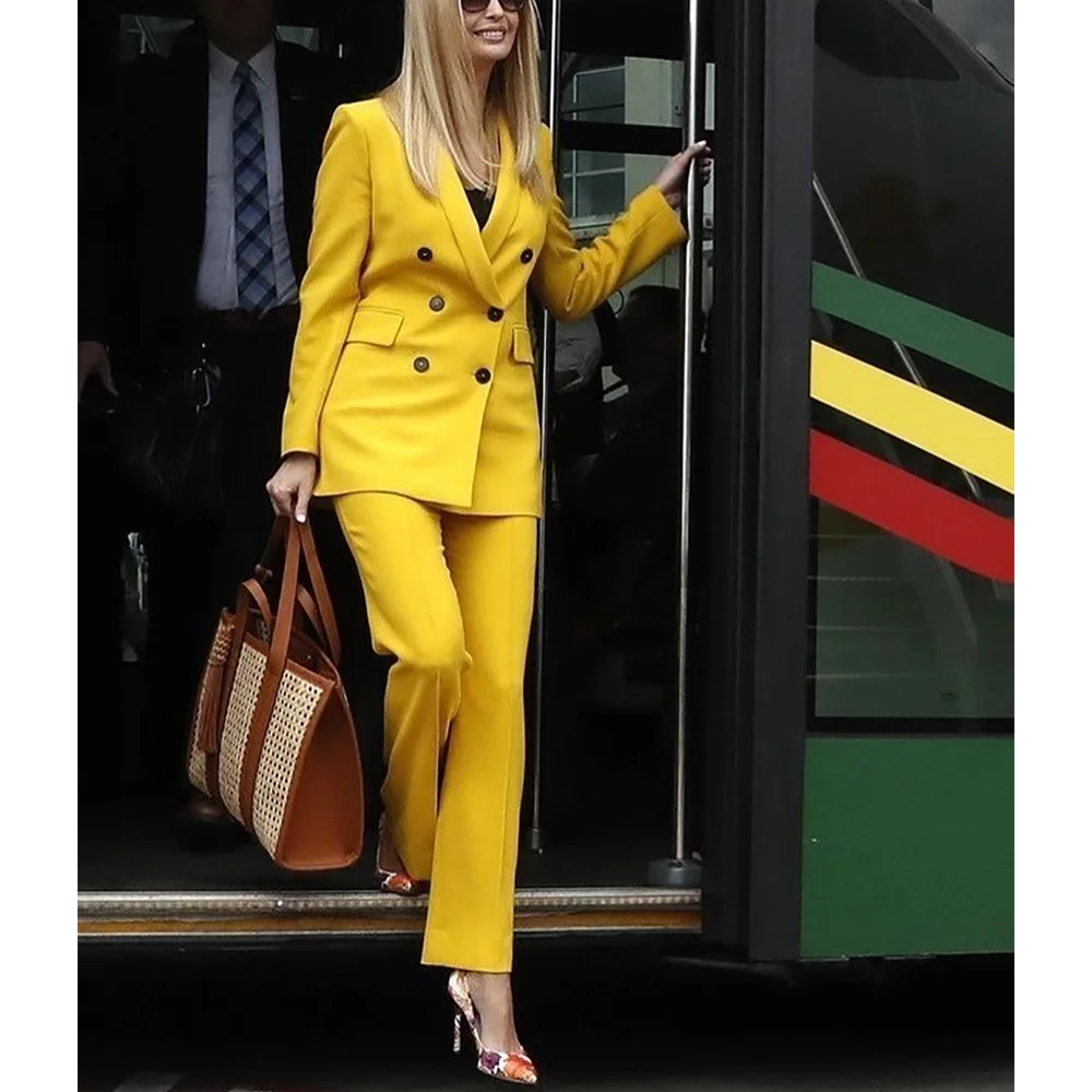 Solid Yellow Suit For Women Classic Design Double Breasted Shawl Lapel High Quality Smart Casual Female Outfit Customized