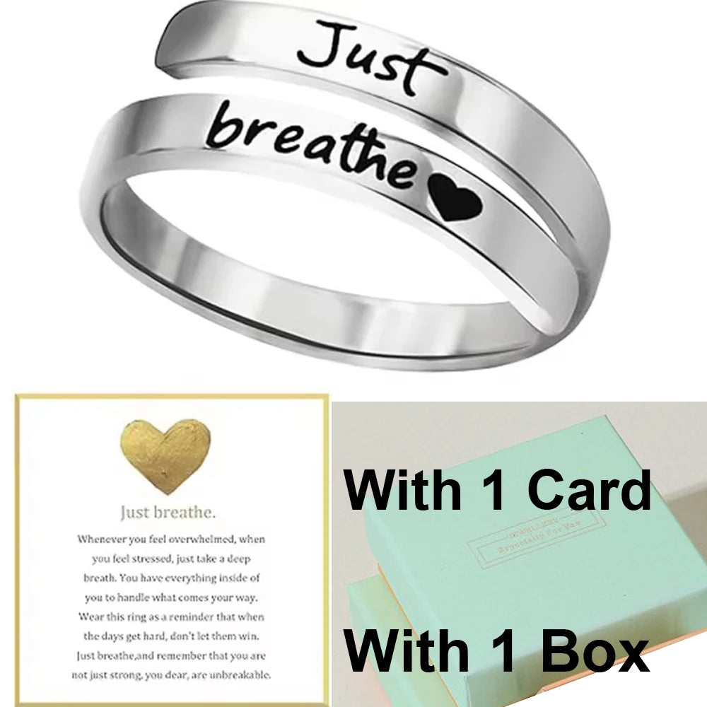 Stainless Steel Ring Just Breathe Ring for Women Men, Spiral Wrap Healing Rings, Inspirational Gifts with Message Card Box