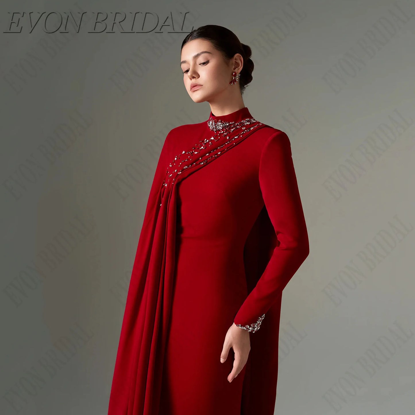 EVON BRIDAL High Neck Long Sleeves Formal Evening Gown Beading Satin Celebrity Red Carpet Dresses Mermaid فساتين سهرة Customized