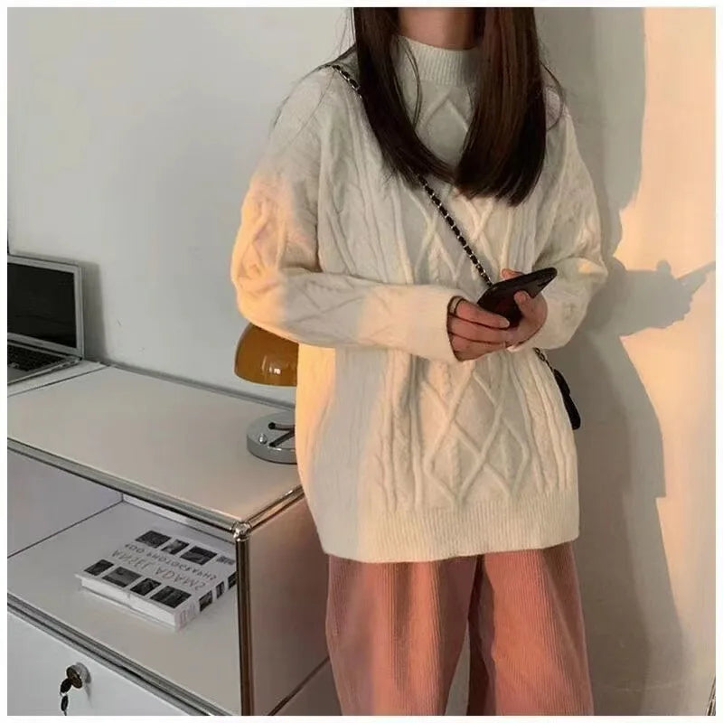 Sweater Woman Winter 2023 Round Neck Bottoming Twist Sweater Lazy Wind Loose Casual Knit Pullover Long Sleeve Pullover Jumper
