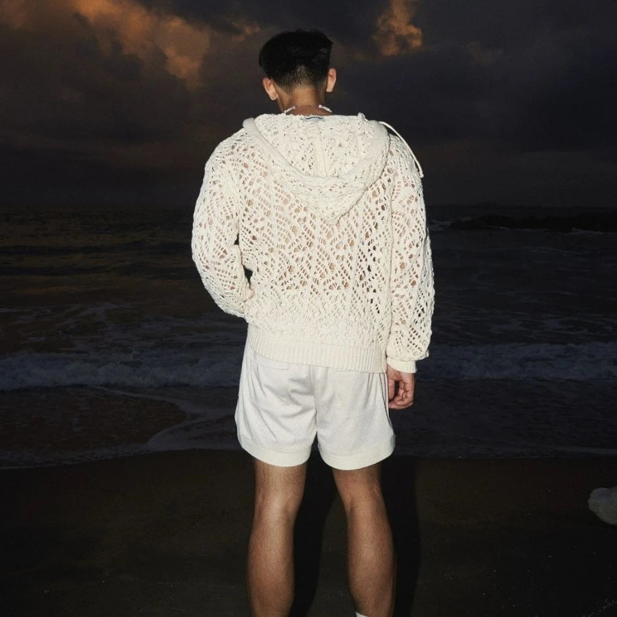 Men Sweater Knitted Hollow Out Sexy Hooded Hoodie Pullover Streetwear Long Sleeve Tops Spring Autumn Coat Man Clothes Trendy New